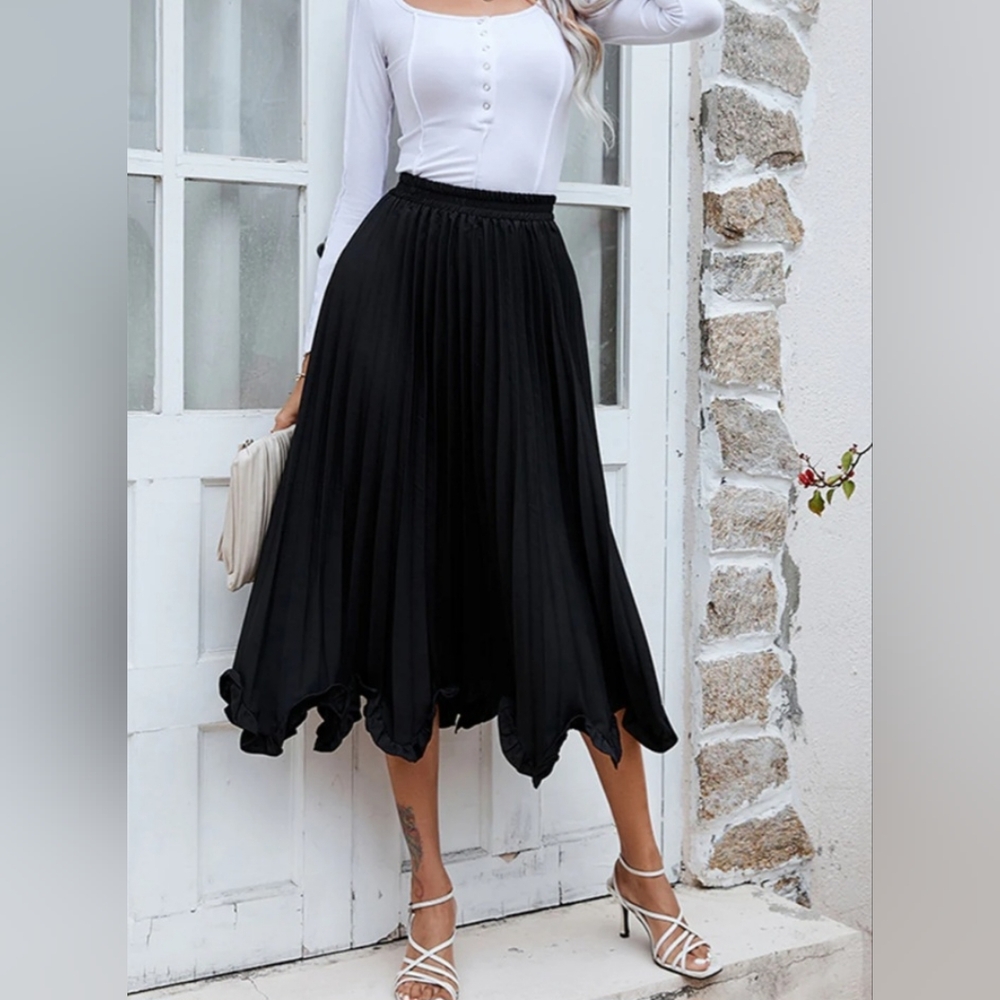 Black Pleated Asymmetrical Ruffle Hem Skirt- Size S - Picture 1 of 2